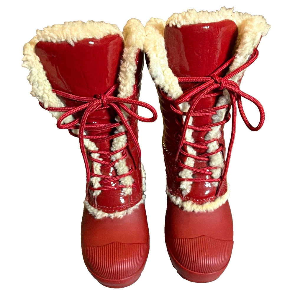 HUNTER Women's 7 Red Solid Lace-Up Snow Boots Faux Fur Lined Mid-Calf